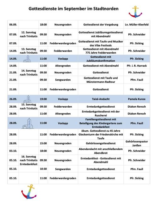 Gottesdienstplan September